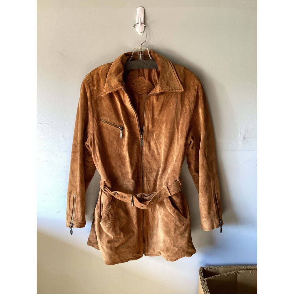 M.I.C Vintage Brown Suede Leather Safari Style Belted Zip Up Jacket M/L